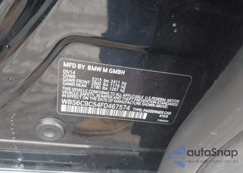 2015 BMW M6 Gran Coupe from USA, damaged, VIN WBS6C9C54FD467574